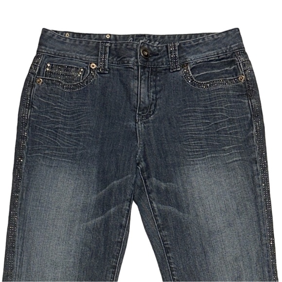 Y2K CARTISE women's dark wash rhinestone detailed flare jeans, size 30". - Picture 3 of 5